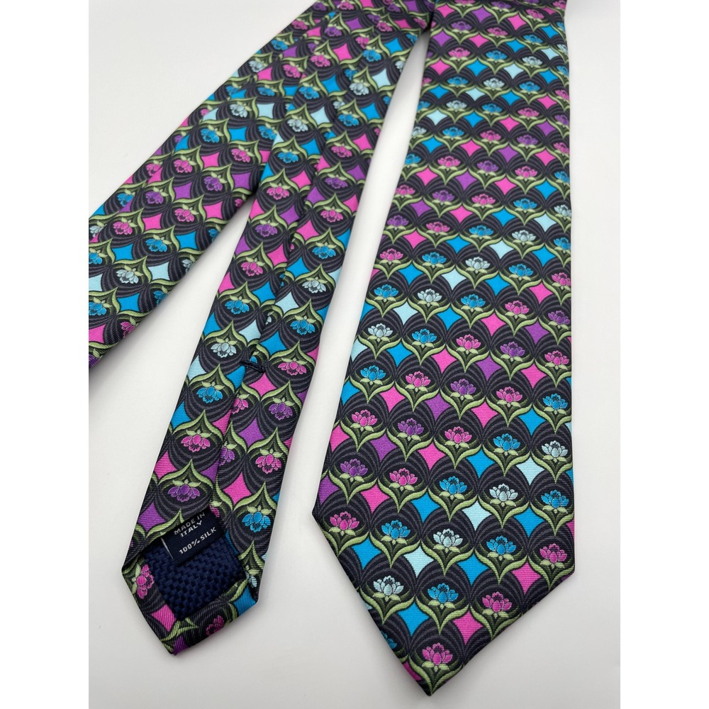 Cremieux Mens Silk Tie Made in Italy Pink Purple Blue Floral Geometric Art Deco